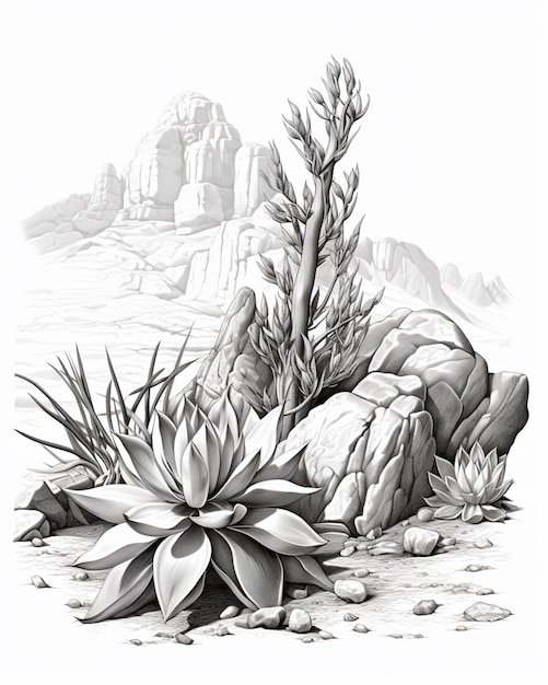 a drawing of a desert scene with a cactus plant and rocks generative ai