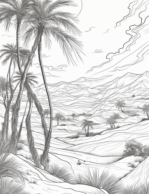 A drawing of a desert scene with palm trees and a mountain generative ai