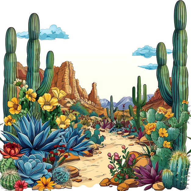 a drawing of a desert with different colored flowers and mountains