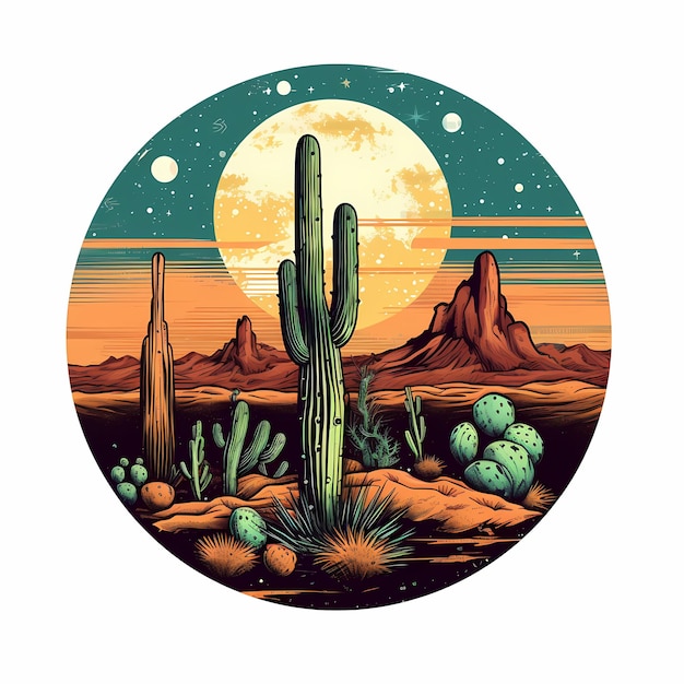 A drawing of a desert with a moon and cactus.