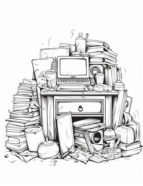 Photo a drawing of a desk with a computer and a lot of books generative ai