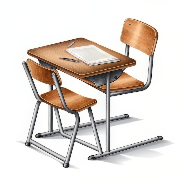 A drawing of a desk with a pen and a book on it