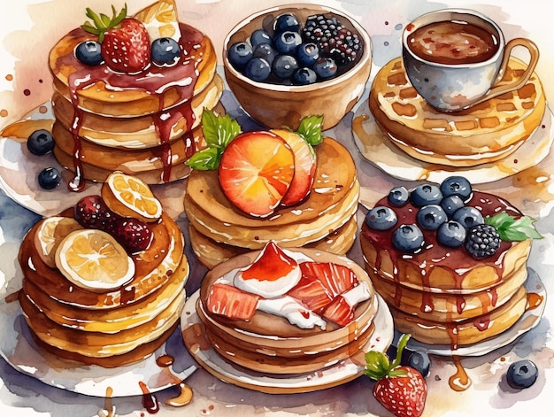 Drawing of desserts of waffles and pancakes with jam and honey in the style of watercolor paintingu AI generated AI generative AI generativ