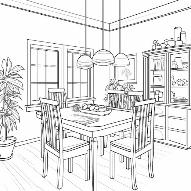 Photo a drawing of a dining room with a table and chairs generative ai