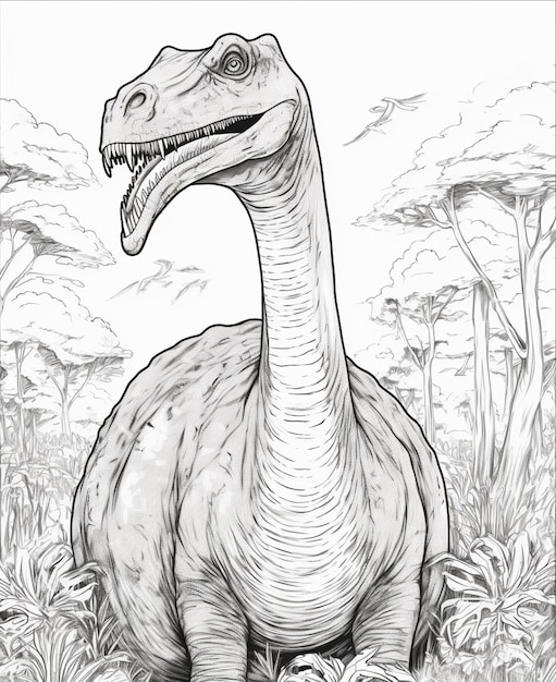 Рисунок динозавра в траве с деревьями на заднем плане