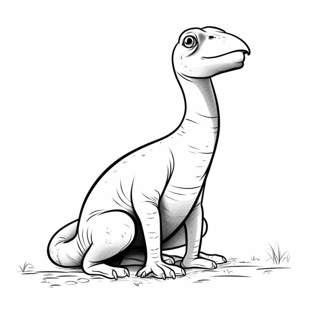 a drawing of a dinosaur sitting on the ground with its head turned generative ai