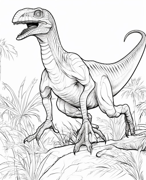 Photo a drawing of a dinosaur standing on a rock in the grass generative ai