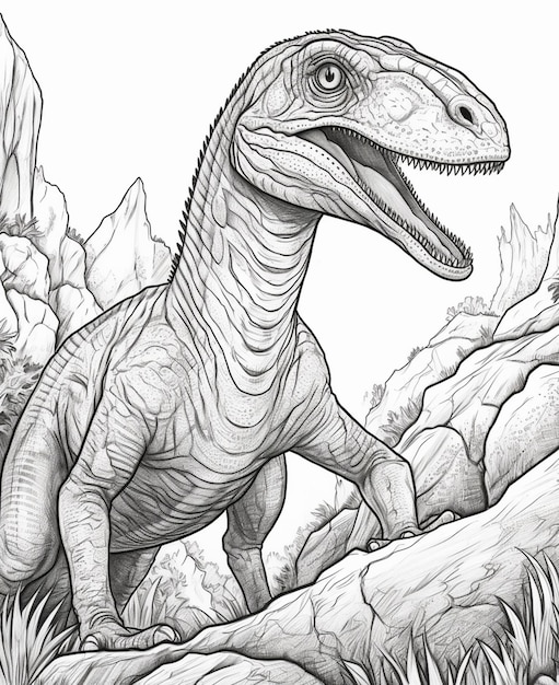 a drawing of a dinosaur standing on a rock in the woods generative ai