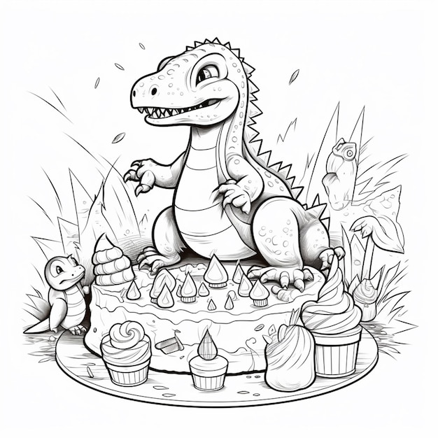 Photo a drawing of a dinosaur with a cake and cupcakes.