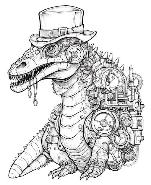 Foto un disegno di un dinosauro con un cappello e una macchina generativa ai