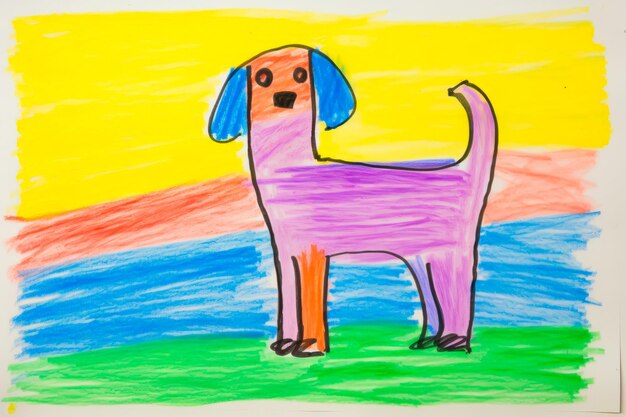 Foto disegno di un cane in un campo con un cielo arcobaleno ai generativa