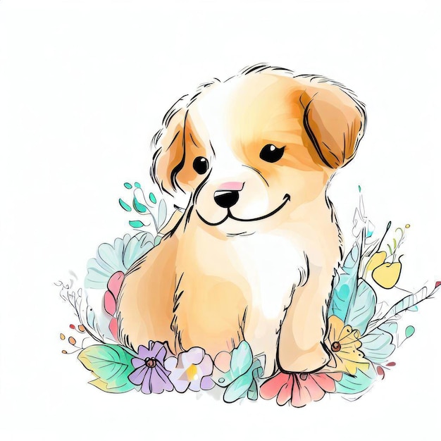 A drawing of a dog in a flowery pattern