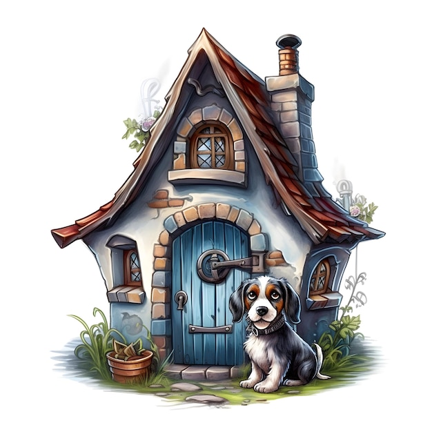 A drawing of a dog next to a house that says'dog '