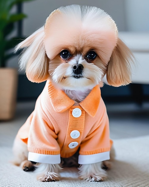 Photo drawing of a dog in peach colored clothes