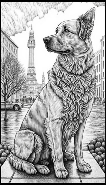 Foto un disegno di un cane seduto su un marciapiede di fronte a una torre dell'orologio generativa ai