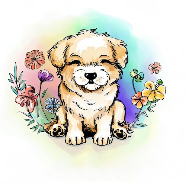 A drawing of a dog that is sitting in a flower bed.