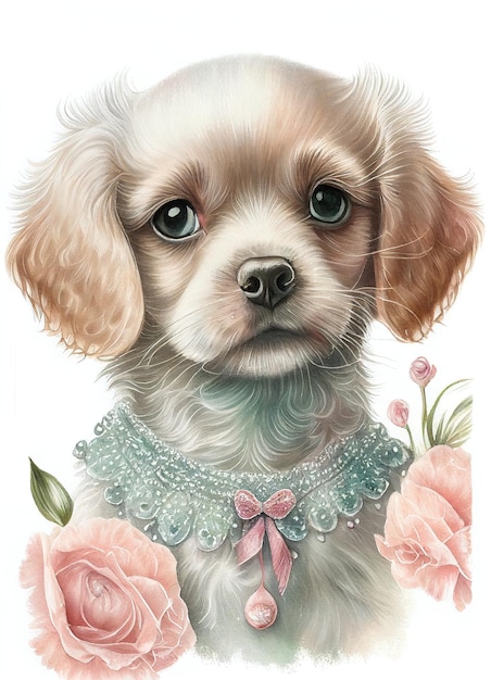 A drawing of a dog wearing a blue dress with a bow on it.