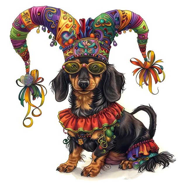 A drawing of a dog wearing a costume