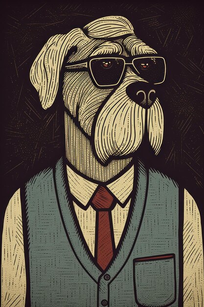 Photo a drawing of a dog wearing glasses and a vest ai