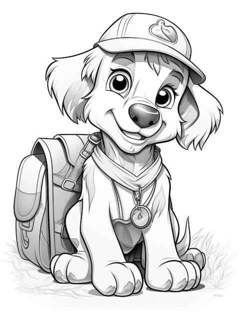 a drawing of a dog wearing a hat and carrying a backpack.