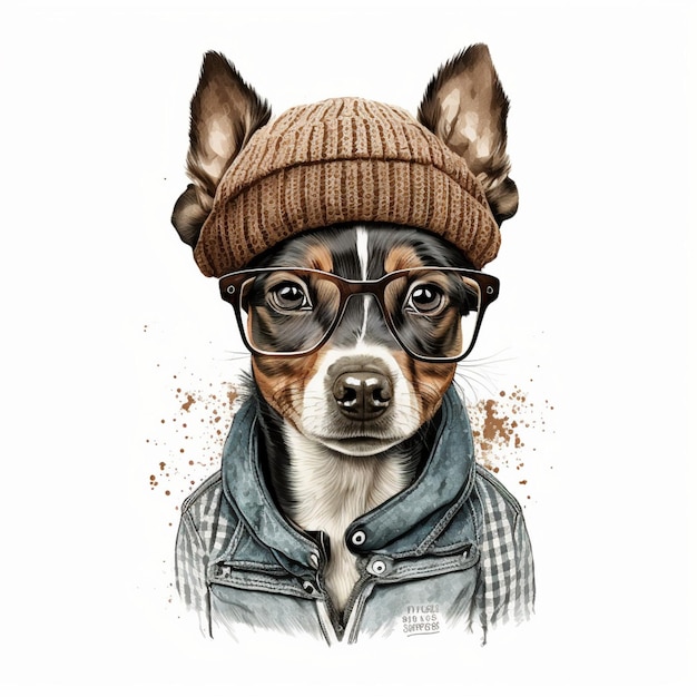 帽子とセーターと眼鏡をかけた犬の絵。