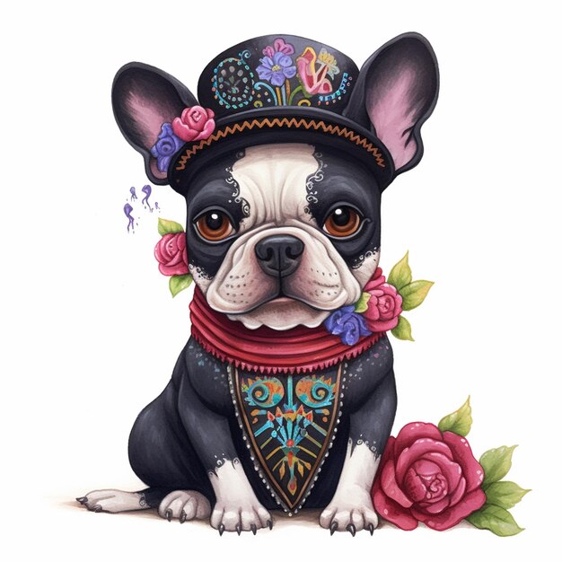 A drawing of a dog wearing a hat that says " i love mexico ".