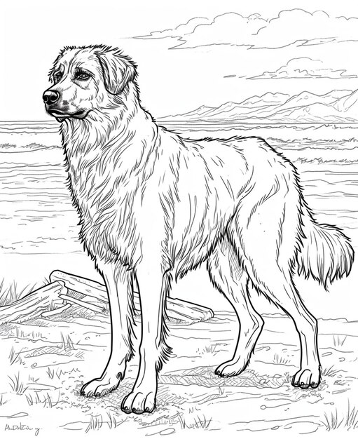 a drawing of a dog with a black and white drawing of a dog