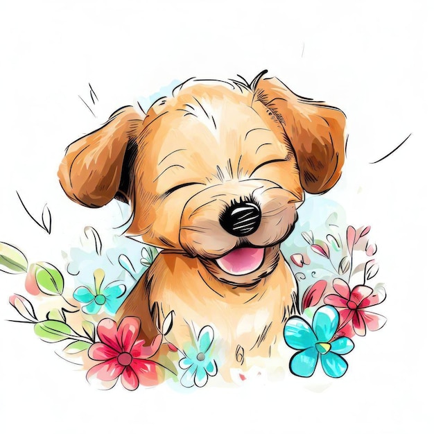 A drawing of a dog with flowers on it