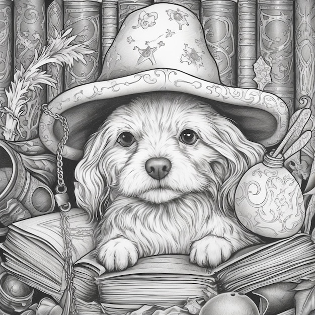 drawing of a dog with a hat and books in a library generative ai