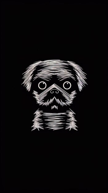 a drawing of a dog with a mustache and a black background