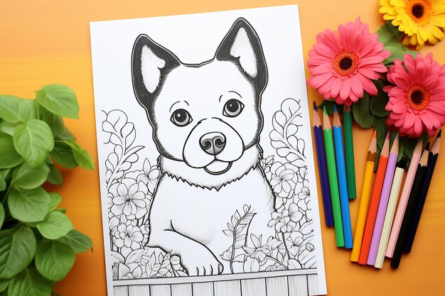 背景にピンクの花がある犬の絵