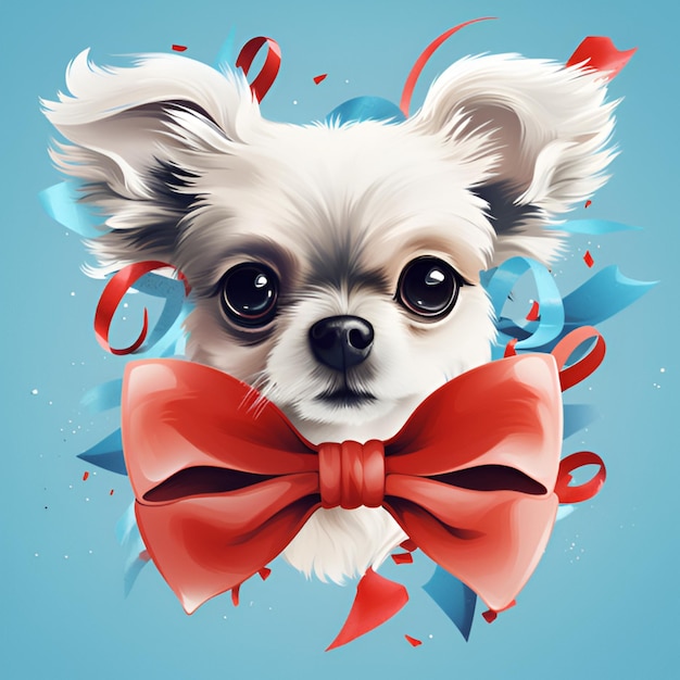 A drawing of a dog with a red bow