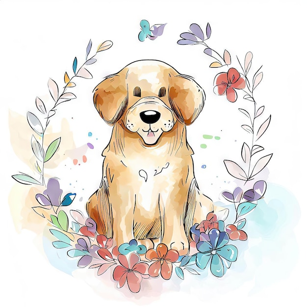 花と蝶の花輪を持つ犬の絵。