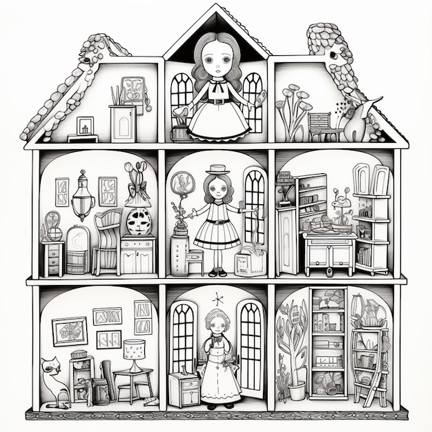 Photo a drawing of a doll house with dolls and furniture generative ai