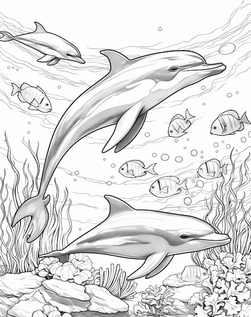 A drawing of dolphins swimming in a sea of fish.