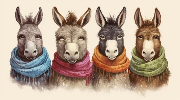 Photo a drawing of donkeys wearing a scarf