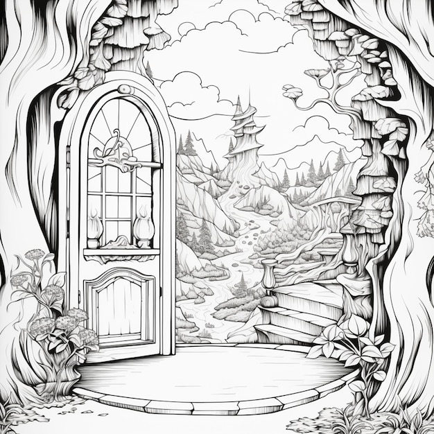 a drawing of a door in a tree with a view of a landscape generative ai