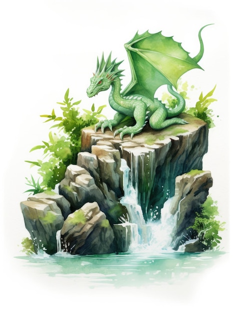 a drawing of a dragon on a cliff with a waterfall in the background