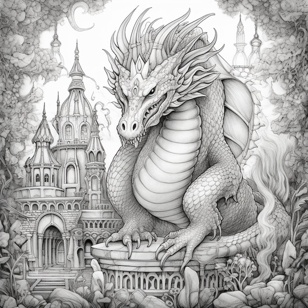 a drawing of a dragon sitting on a castle with a castle in the background generative ai