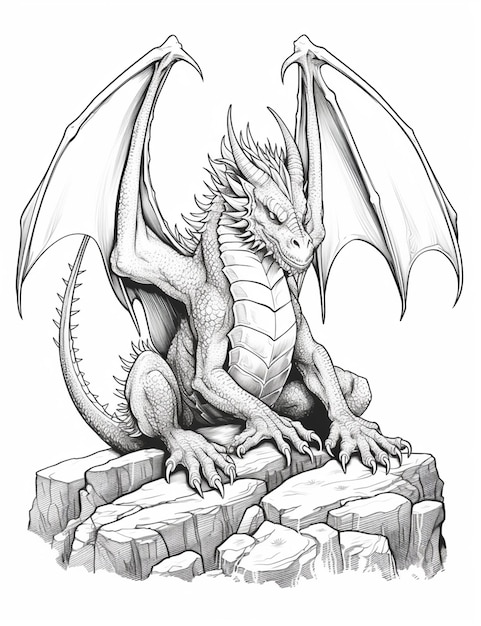 a drawing of a dragon sitting on a rock with wings generative ai