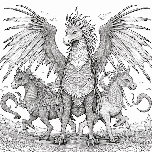 Photo a drawing of a dragon and two other animals in a field generative ai