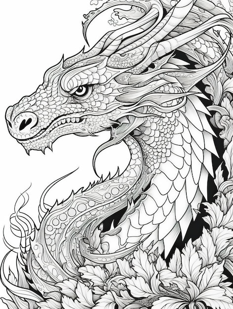 A drawing of a dragon on a white background AI generative image Coloring book pattern