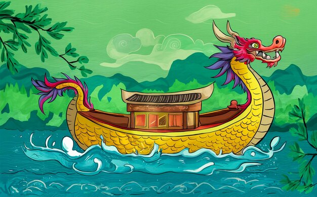 Photo a drawing of a dragon with a boat with a dragon on the top