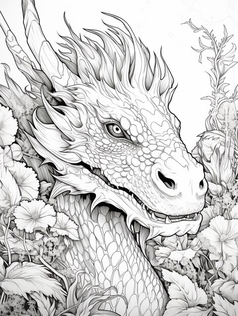 Photo a drawing of a dragon with a dragon head in the middle of flowers generative ai