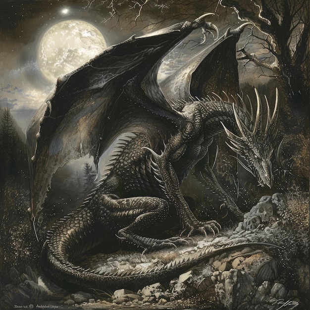 рисунок дракона с полной луной на заднем плане