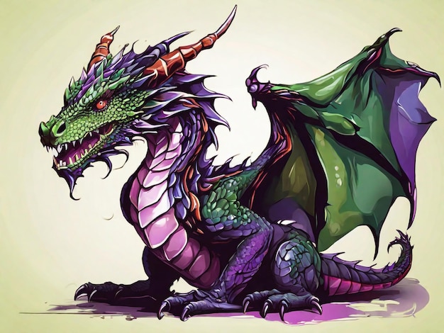 a drawing of a dragon with a green tail