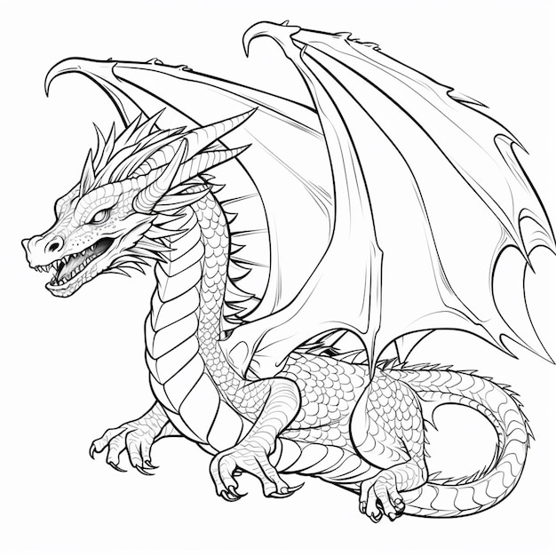 Photo a drawing of a dragon with a large head and large wings generative ai