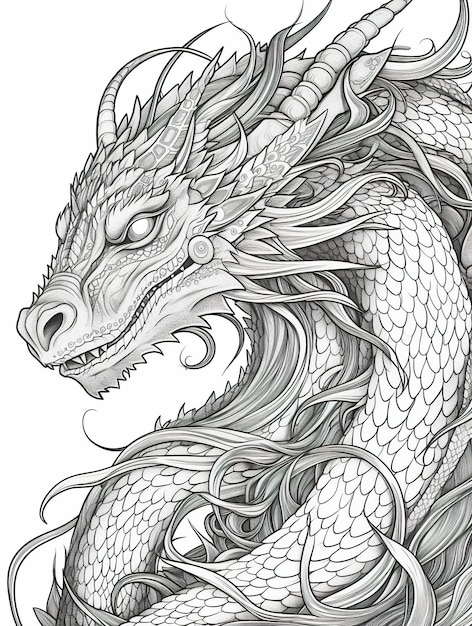 A drawing of a dragon with long hair Generative AI image Coloring book pattern