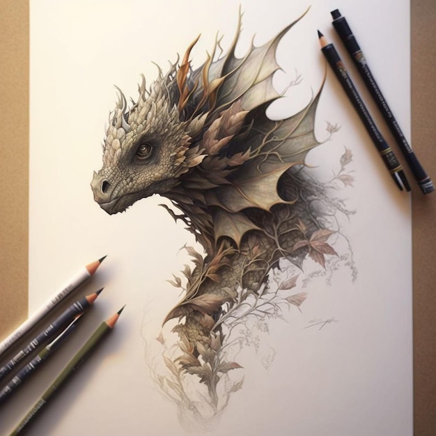 A drawing of a dragon with pencils and a pencil on it.