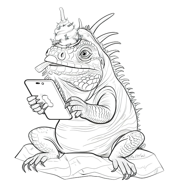 a drawing of a dragon with a tablet in his hand